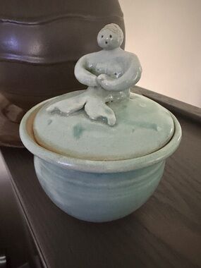 Handcrafted Ceramic Lidded Jar with Mermaid Fin Accent - Seafoam Green